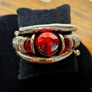 Bohemian Ethnic Silver-tone Spiral Bracelet with Red Stone Ball Beads